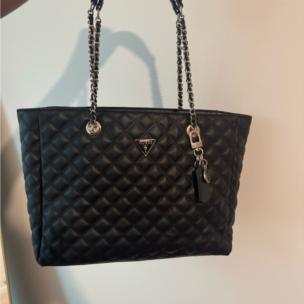 Guess Quilted Black Tote with Chain Straps
